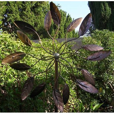 Kinetic Copper Wind Sculpture Dual Headed Spinner - Spinning Ficus Leaves
